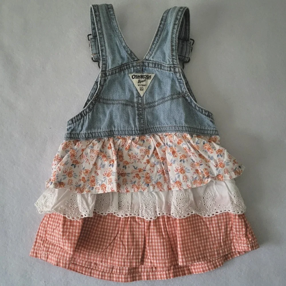 Oshkosh Girls 18M Overall Vestbak Dress Tiered Floral Eyelet Gingham‎ Denim Jean